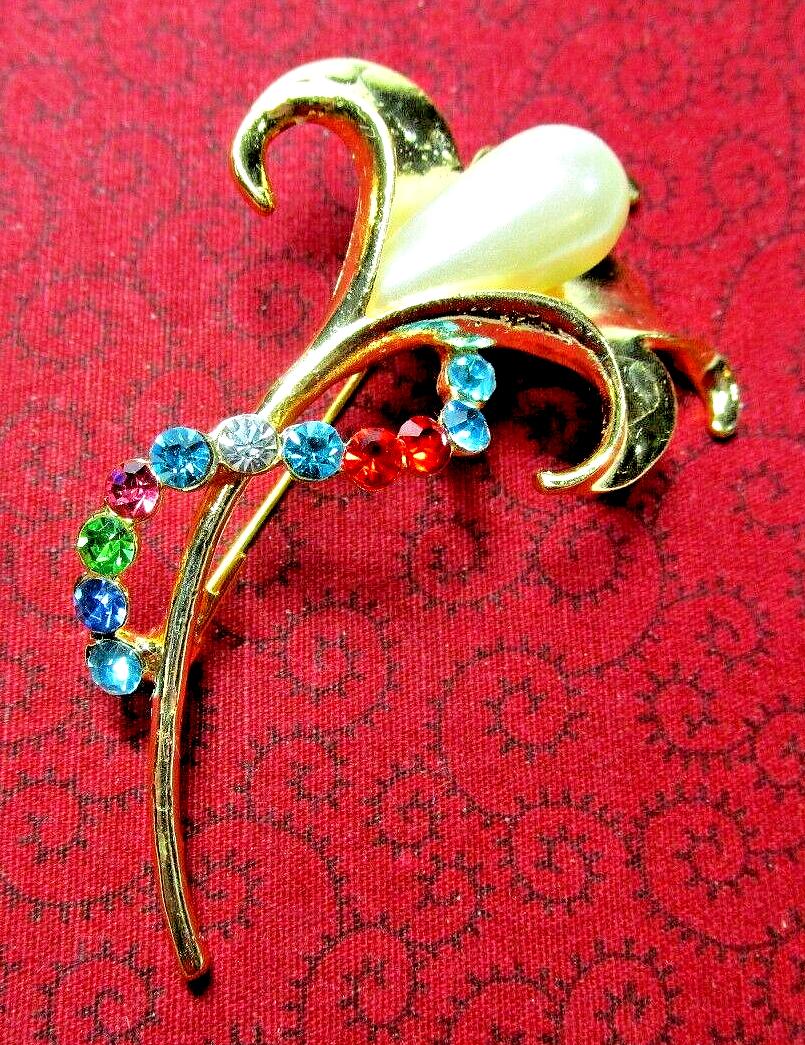 Gold Tone White Pearl Lily Flower Blue & Red Crystal Pin