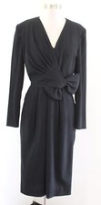 Vtg 90s Black Big Bow Ruched V Neck Dress Size 4 Joan Leslie Retro Cocktail