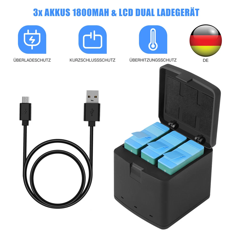 CREABEST 3x 1800mAh Akku AHDBT-901 & Triple Ladegerät Für gopro Hero 9 Hero 11 Hero 10