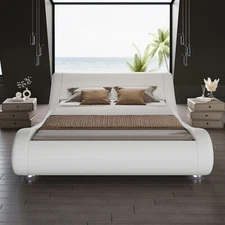 Full Deluxe Low Profile Sleigh Bed with Faux Leather Ergonomics Headboard,White