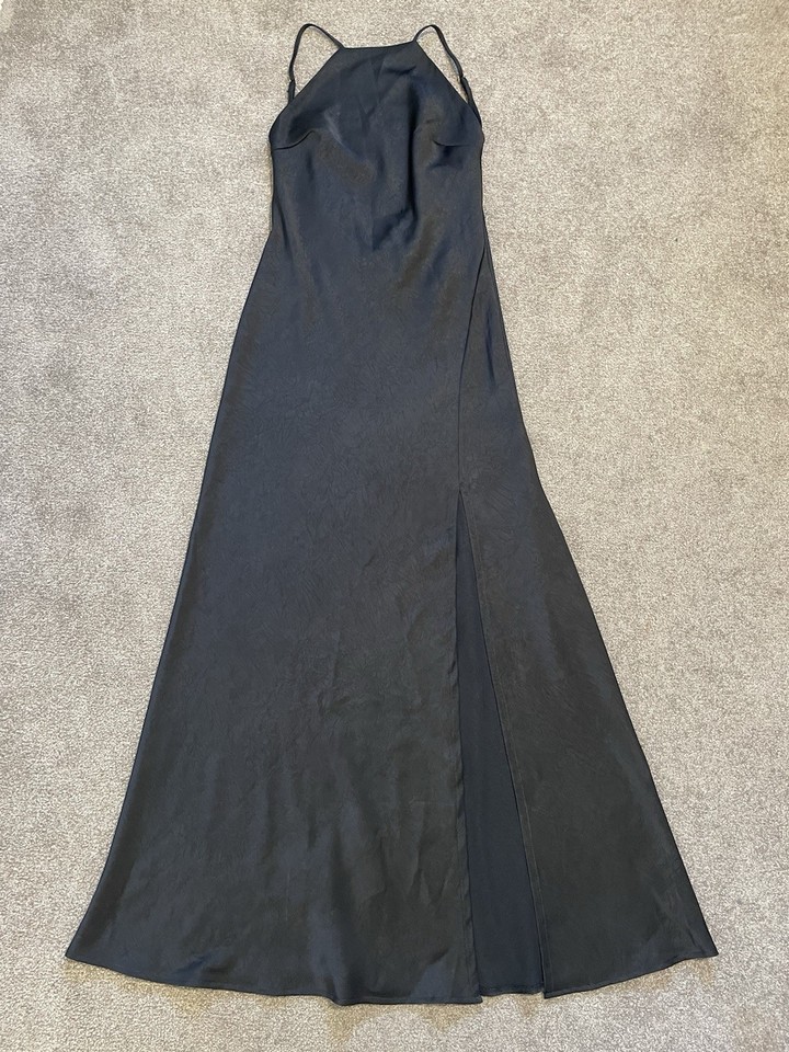 Cocktail Black Satin Like Slip Maxi Dress High Neck Low Back Formal - Medium