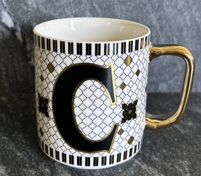 Letter C Black Gold Initial Monogram Coffee Mug Cup Creative Crate 3.75'' 14 oz