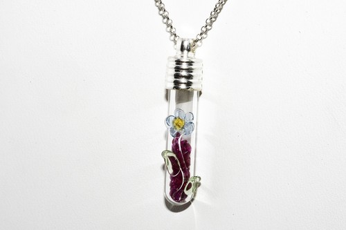 $1,200 .925 Sterling Silver 4.50CT Natural Ruby In Glass Vial Flower Necklace - Picture 2 of 7