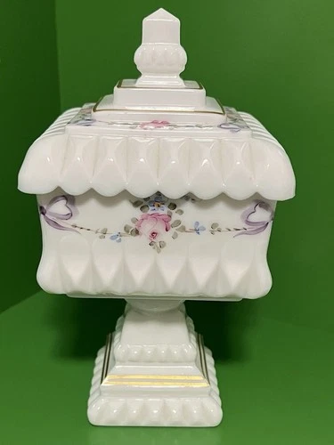 Vintage Westmoreland White Milk Glass Pedestal Compote Dish with Lid approx 8”