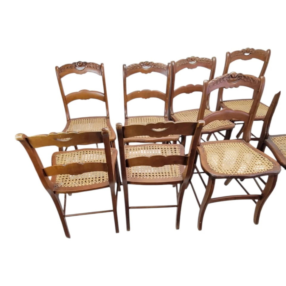 Juego de 8 sillas de comedor antiguas victorianas de arce del siglo XIX asientos de caña tallados a mano Foto 4 de 4