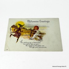 Vintage Halloween Greetings Postcard Witch Pumpkin Costume Made in USA Divided