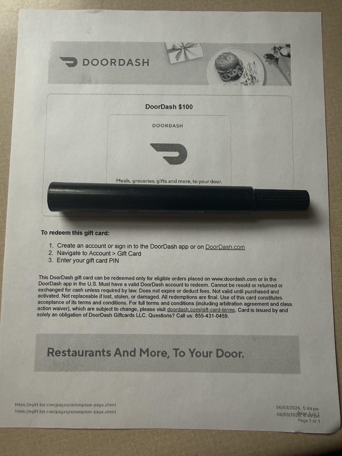 $100 Doordash Gift  E-gift Card digital info will be sent no expiration 