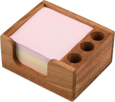 Acacia Wood Sticky Note Holder with 3 Pen Holders, 3X3 Post It Note Dispenser wi