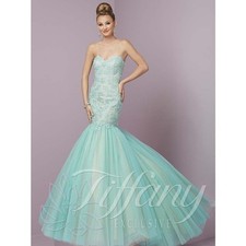 CLEARANCE WAS $525 Tiffany Designs Tulle Mermaid Gown 46088 Aqua/Nude Size 14