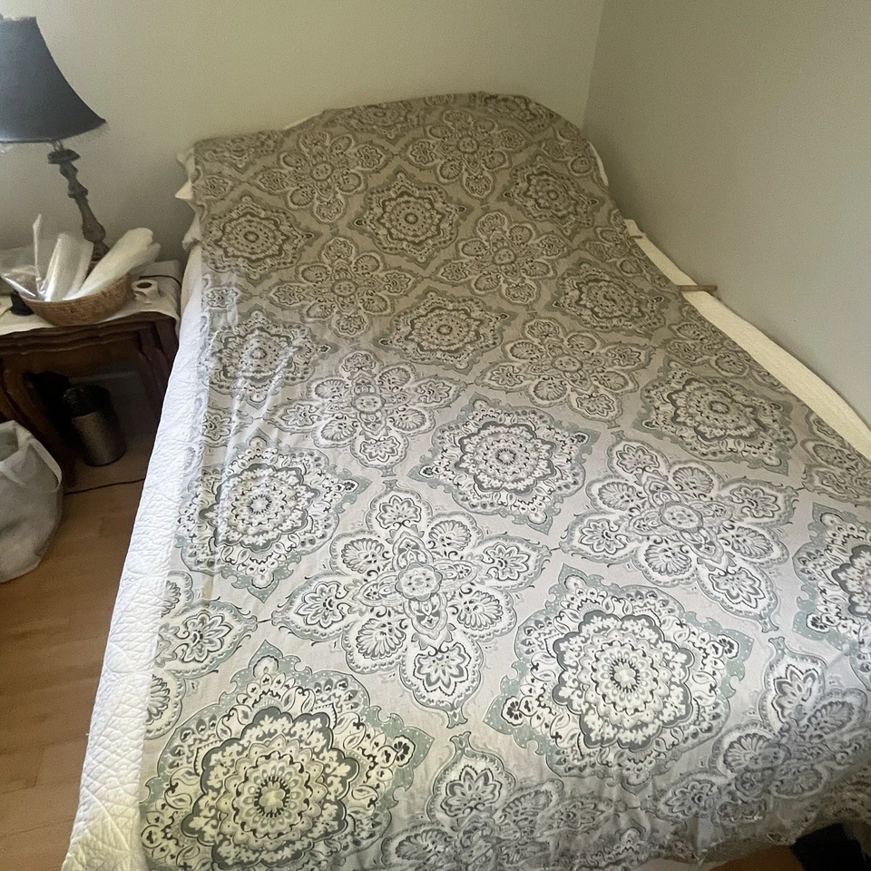 Paneles de cortina azul gris topo medallón lazo pestaña 50”x96” (2) mezcla de lino Foto 3 de 4