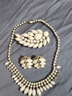Vintage Signed Weiss White Milk Glass Rhinestone  Necklace Brooch Earring Set