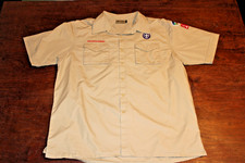 Boy Scouts of America BSA Men's Shirt Tan Large Sewn Patches Short Sleeve