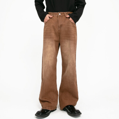 #ad Pantaloni In Denim Marroni Uomo Largo Dritti Jeans Distressed EUR 49.08