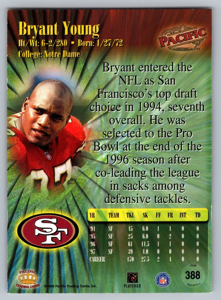 1998 Pacific #388 Bryant Young - Image 2 of 2
