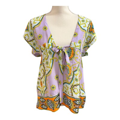 Alice & Trixie  Silk Blouse Purple Orange Mixed Scroll Print Tie Bust Size XS
