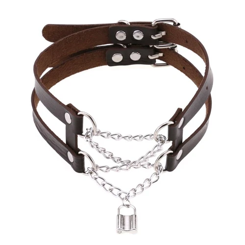 Double Belt Punk Choker with Cross Chain Lock Pendant Gothic Collar - Picture 21 of 37