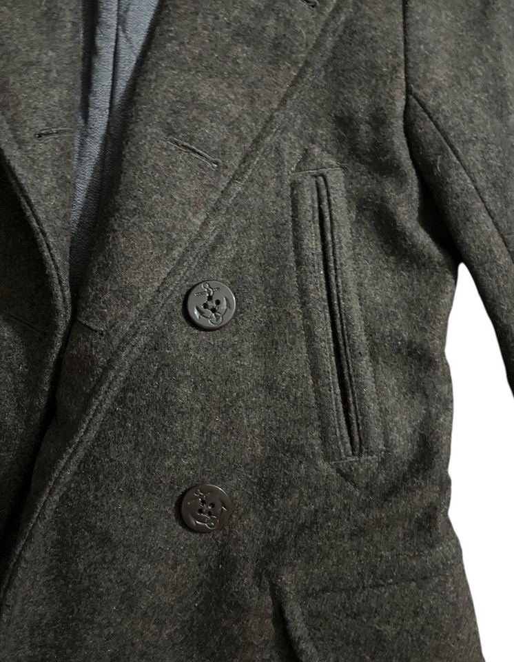 J. Crew Mens 100 Wool Olive Pea Coat Size XS Anchor Button Up