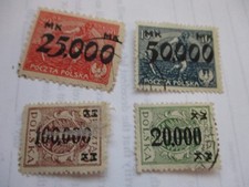 LOT OF 4 RARE  POLAND POLSKA 1923 OVERPRINT ISSUE STAMPS PULLED FROM OLD ALBUM.