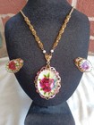 VINTAGE WEST GERMANY PINK RHINESTONE ENAMEL FAUX PEARL ROSE  FLORAL NECKLACE SET — photo 1