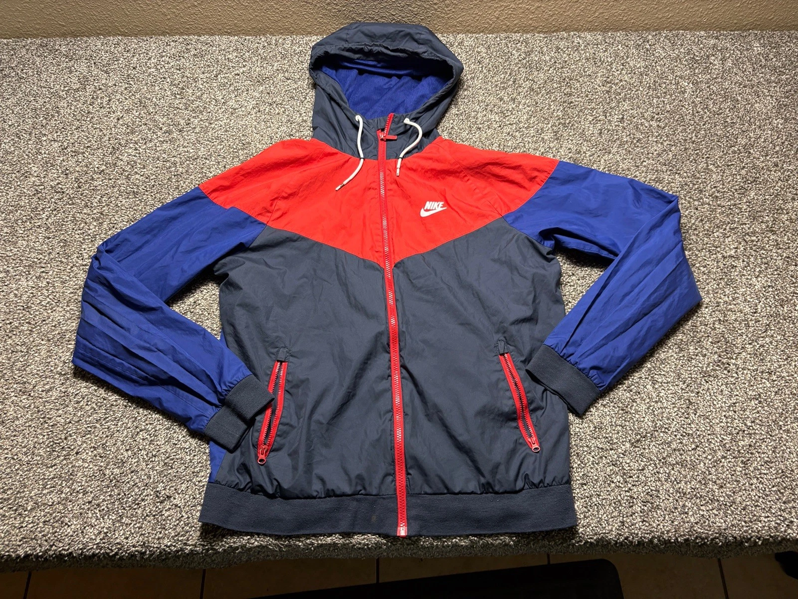 Nike Windrunner Jacket Mens Medium Navy Red White Hood Full Zip 727324 *