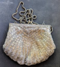 VTG La Regale Silver Beaded Scallop Shell Evening Bag Art Deco W/Chain READ