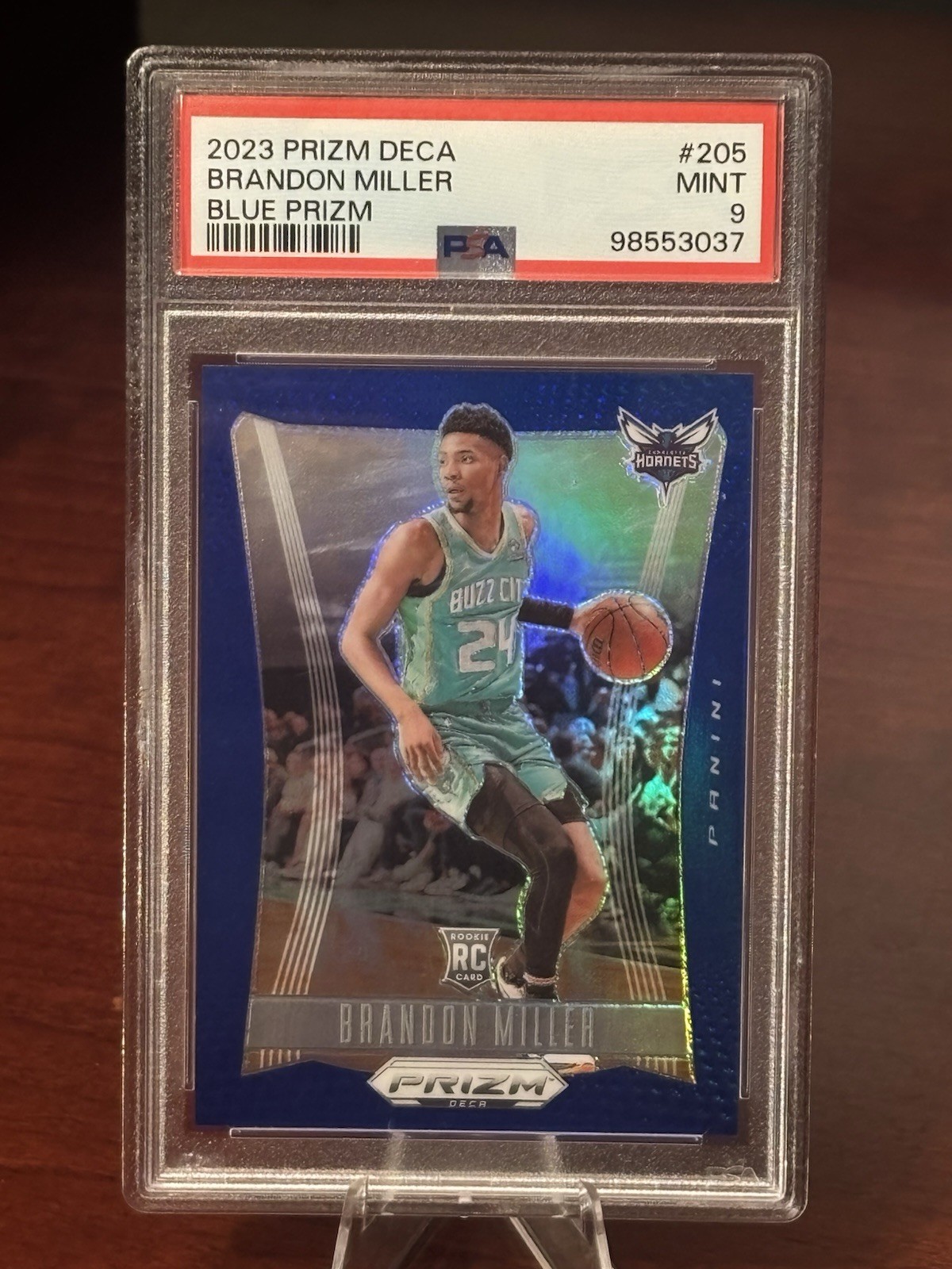 2023-24 Panini Prizm Deca Brandon Miller (RC) Blue Rookie #'d /149 Hornets PSA 9