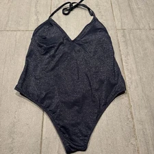 CUPSHE Shimmer Blue Deep V Neck Strappy Plunge One Piece Swimsuit Size Large