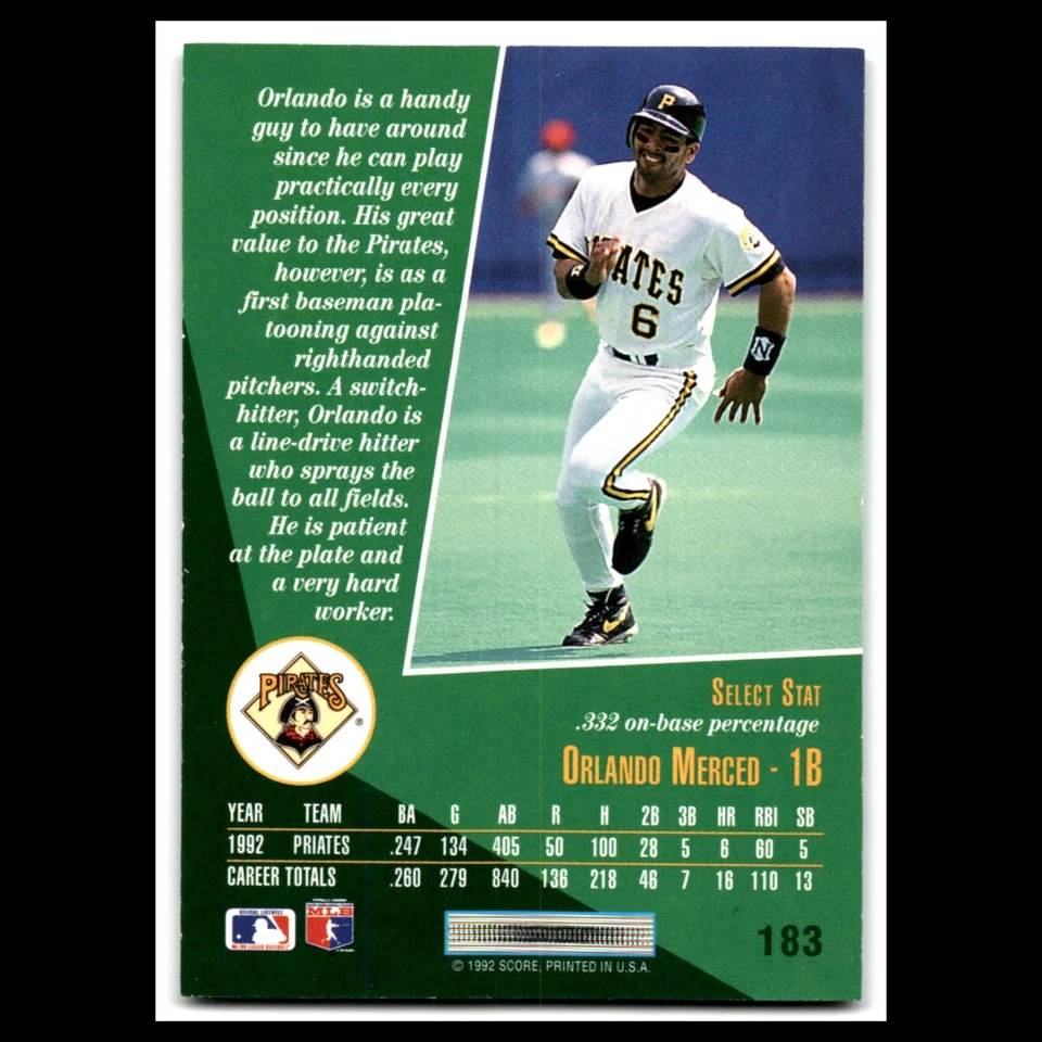 Orlando Merced #183 1993 Select Pittsburgh Pirates Baseball Card MLB NM - Изображение 2 из 3