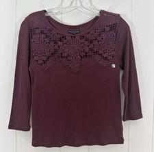NWT American Eagle Sz M Crotche Lace Neck Top Shirt Tunic3/4 Sleeve Red Burgundy