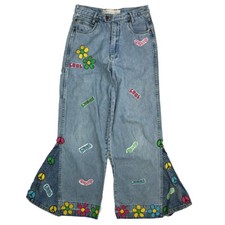 Vtg Upcycled Hippie Bell Bottom Jeans XS Patches GX Know Who You Are 90s Y2K