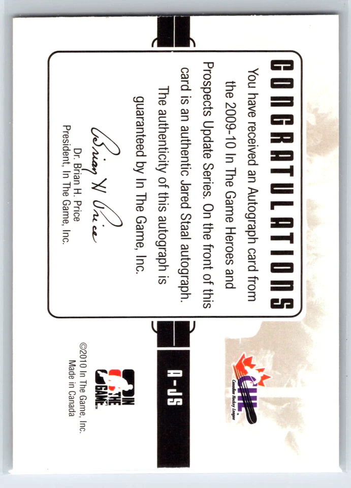 2009-10 ITG Heroes and Prospects Jared Staal Auto A-JS - Image 2 of 2