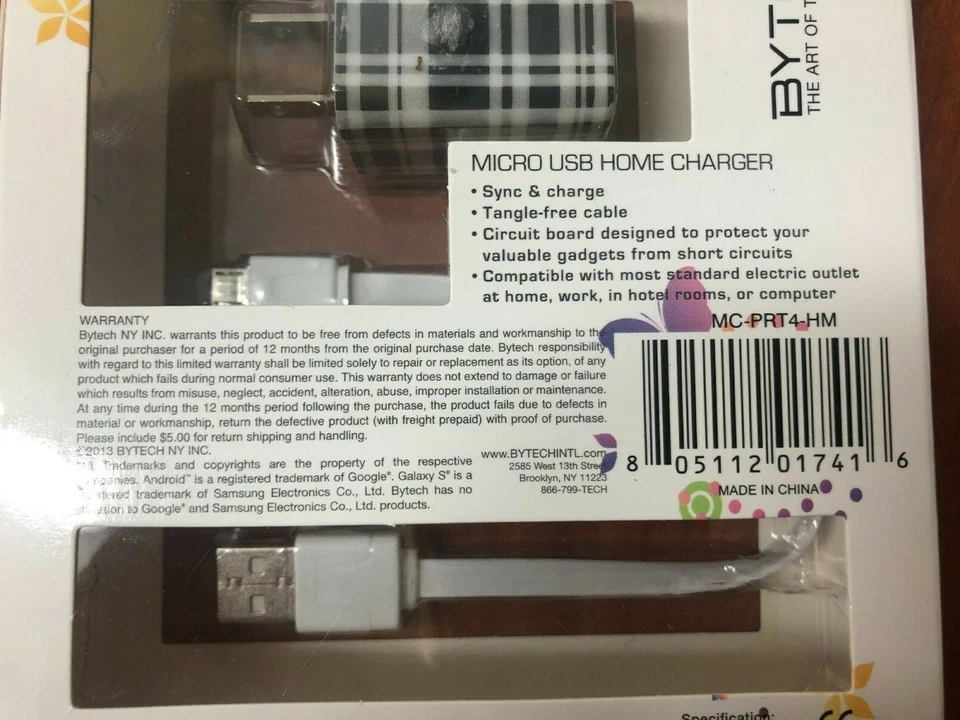 Bytech Micro USB Home Charger Black Plaid Wall Charger New in Box - Image 4 of 4