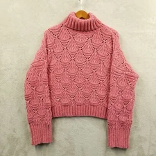 POL Sweater Women L Pink Chenille Boxy Crop Oversized Chunky 3D Knit Turtleneck