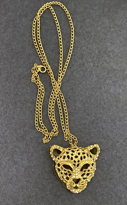 Black&Gold Colored Leopard Cat With White/clear Rhinestone Accents Necklace