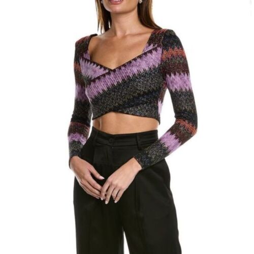 Ramy Brook Metallic Chevron Crop Top Long Sleeve Party Club Glitter Large
