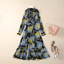 New Women's Long-sleeved Printed Flower Big Swing Beach Elegant Long Dress Party