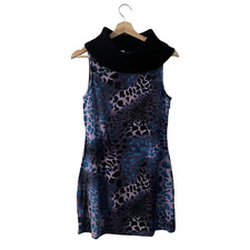 24Seven Comfort Apparel Cowl Sweater Mini Dress Size Medium Purple Blue Leopard