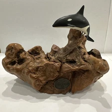Vintage John Perry Orca Whale Sculpture On Burl Wood Base 6” X 3 1/2”