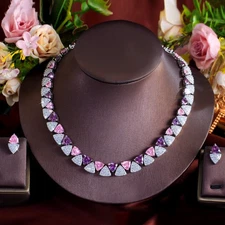 Silver Plated Pink Purple Triangles Tennis Necklace Earrings Zircon Jewelry Set