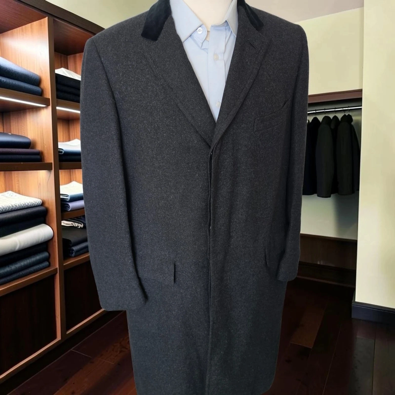 Vintage 1950s Chesterfield Overcoat 40r Bespoke Charcoal Wool Velvet image 3