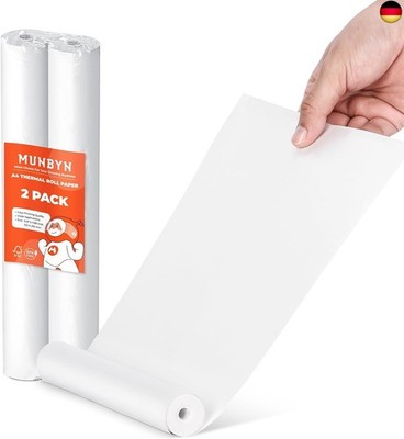 MUNBYN Thermopapier A4 210 x 297mm, 2 Rollen Thermo Druckerpapier A4, Thermo