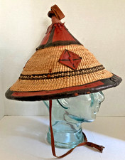 African Fulani Handmade Hat Leather  Straw West Africa Tribal