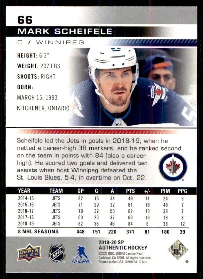 2019-20 SP Authentic Mark Scheifele #66 - Image 2 of 2