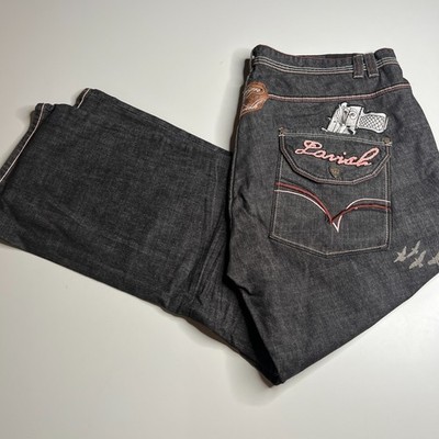 Foreign Lavish Jeans Men s 44x34 Black Denim Embroidered Gun Graphic Streetwear