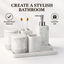 Marble Bathroom Accessories Set 6 Pc Soap Dispenser Toothbrush Holder Tray Jar