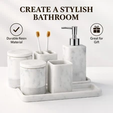Marble Bathroom Accessories Set 6 Pc Soap Dispenser Toothbrush Holder Tray Jar