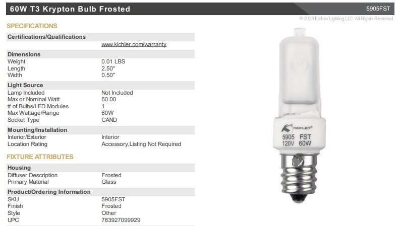 Authentic Kichler Frosted Krypton Lamp Light Bulbs 120V 60W T3 E12 Free Shipping