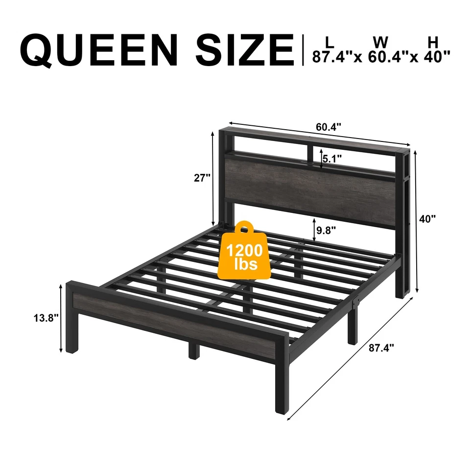 LED Light Bed Frame with 2-Tier Storage Headboard and Charging Station/Grey - Image 4 of 4