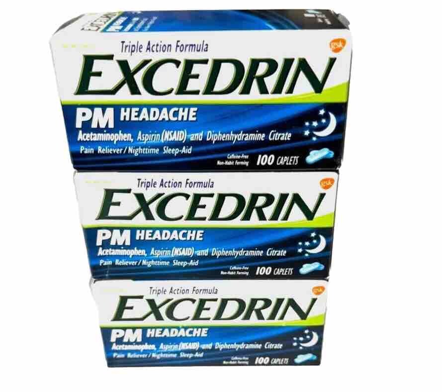 Excedrin PM Nighttime Pain Reliever Headache Lot Of 3 100 Caplets Excedrin PM Nighttime Pain Reliever Headache Lot Of 3 100 Caplets