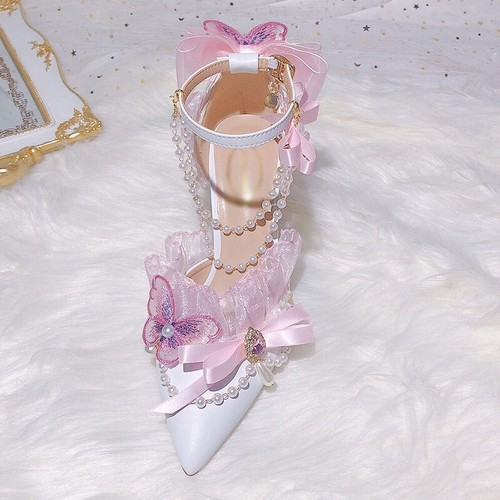Pink Bowknot Pearl Lolita Princess Style Bridal Wedding Shoes: Pointed Toe Strap - Picture 21 of 24